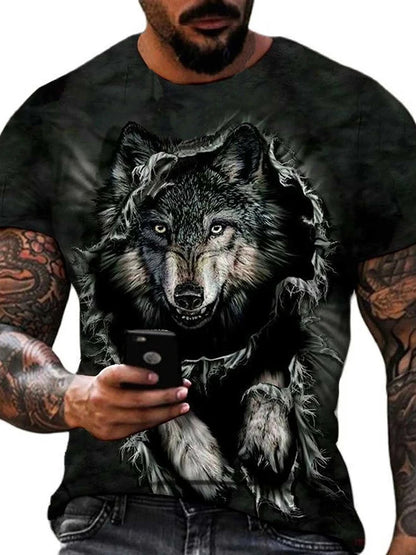 T-shirt de homem com estampado de lobo e olhos diferentes — T-shirt casual diária masculina, moda urbana streetwear, manga curta, verão, desporto ao ar livre