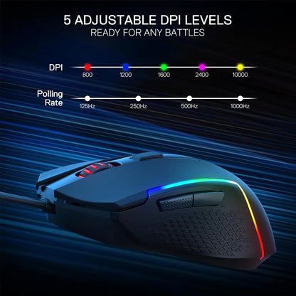 Ratón gaming con cable Redragon M616 RGB 10000 DPI óptico, 6 botones programables, 8 modos retroiluminados y software compatible con configuración DIY de teclas