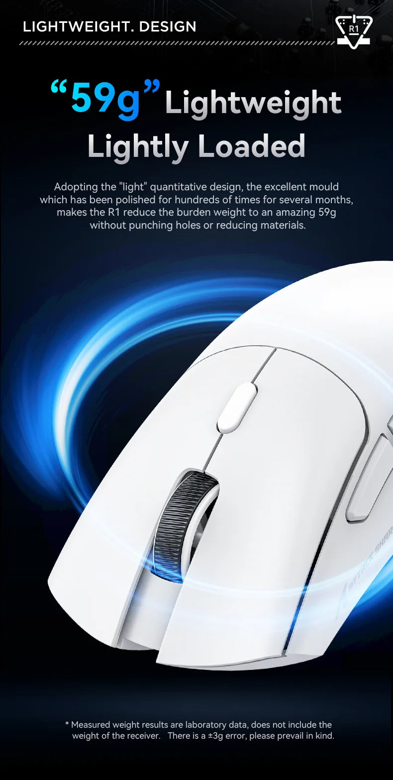 Rato Gaming Sem Fios Attack Shark R1 Leve Bluetooth 2.4G PAW3311 18000DPI Ergonómico com Macro