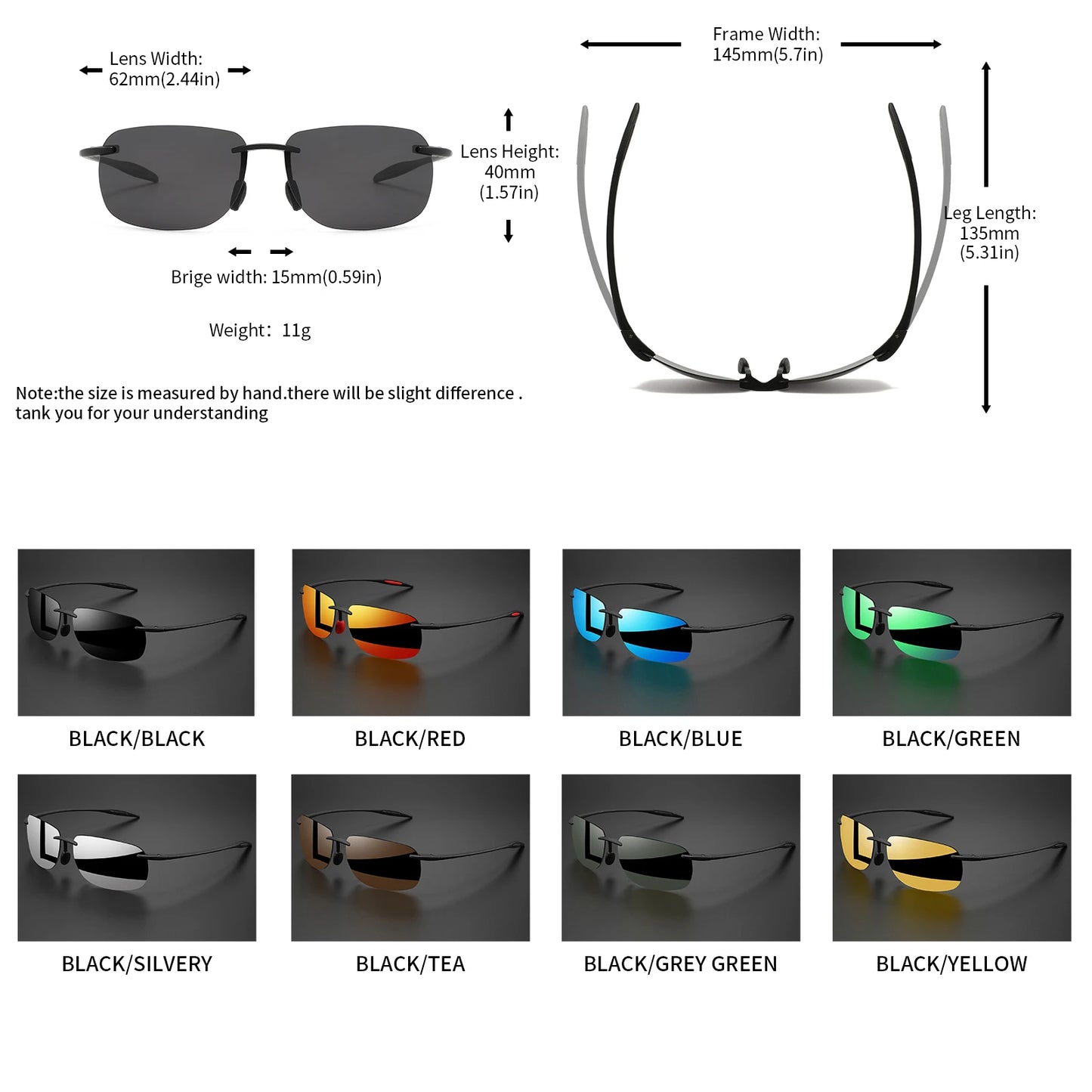 Ultra Light 11g TR90 Frameless Polarized Sunglasses - Flexible & Comfort Fit, Square Shape for Driving, Fishing, Outdoor