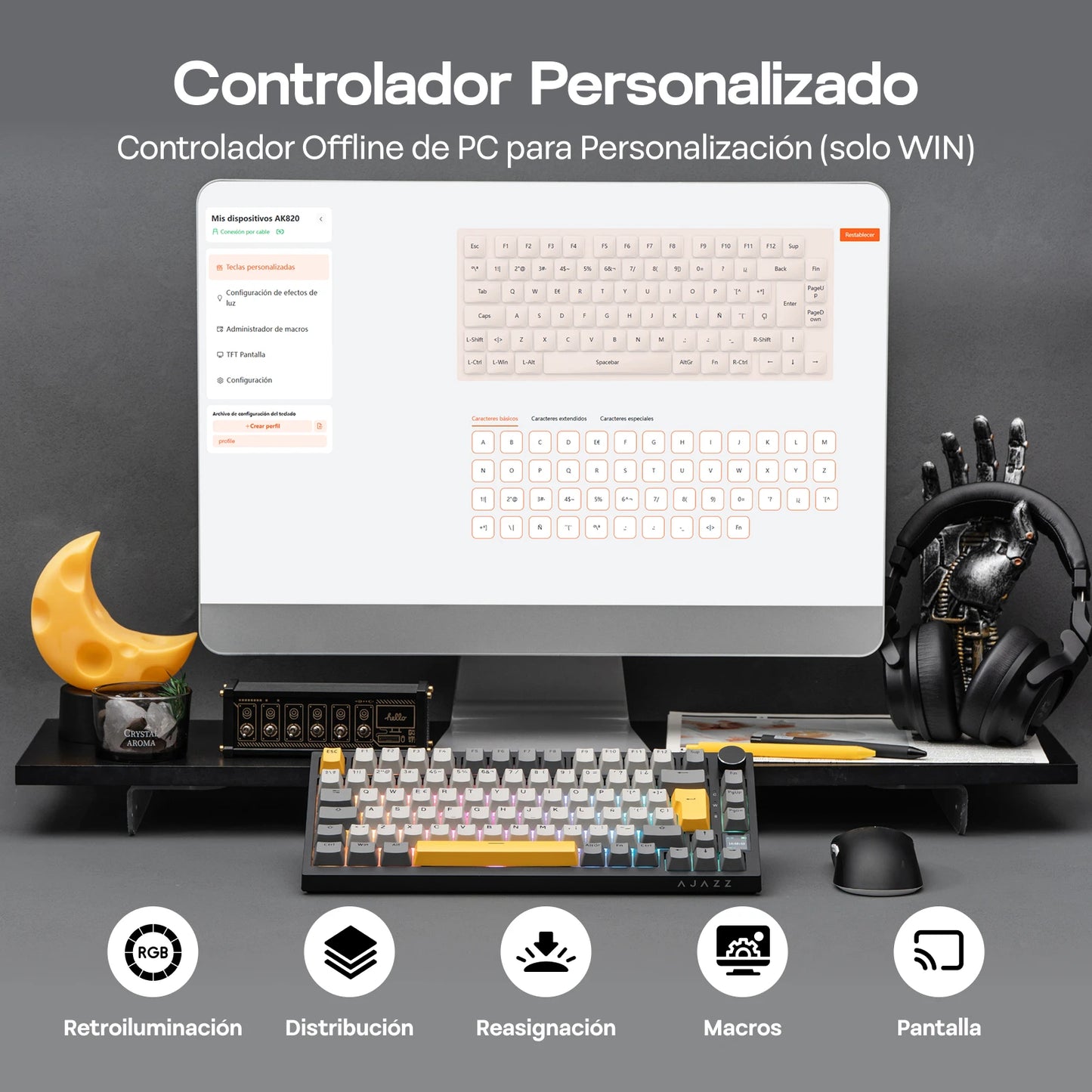 Teclado mecânico ISO-ES EPOMAKER X AJAZZ AK820 PRO 75% com layout espanhol, com fios/2.4GHz/BT, ecrã e botão rotativo para PC/Mac