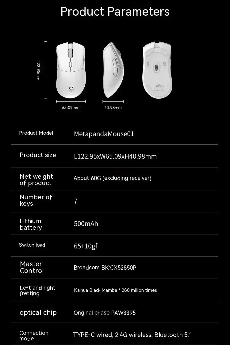 Bezdrôtová myš Metaphyuni Metapanda P1 Pro Max Paw3395L s nízkou latenciou, ľahká e-športová herná myš, ergonomická myš pre PC hráčov, darček