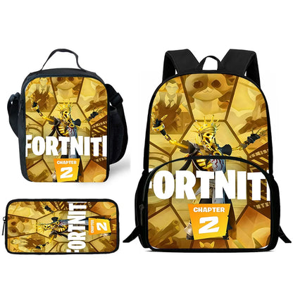 Klassisches FortniteS-Schulrucksack-Set für Kinder mit Lunchtasche und Federmäppchen, große Kapazität, für Jungen und Mädchen, ideales Geschenk