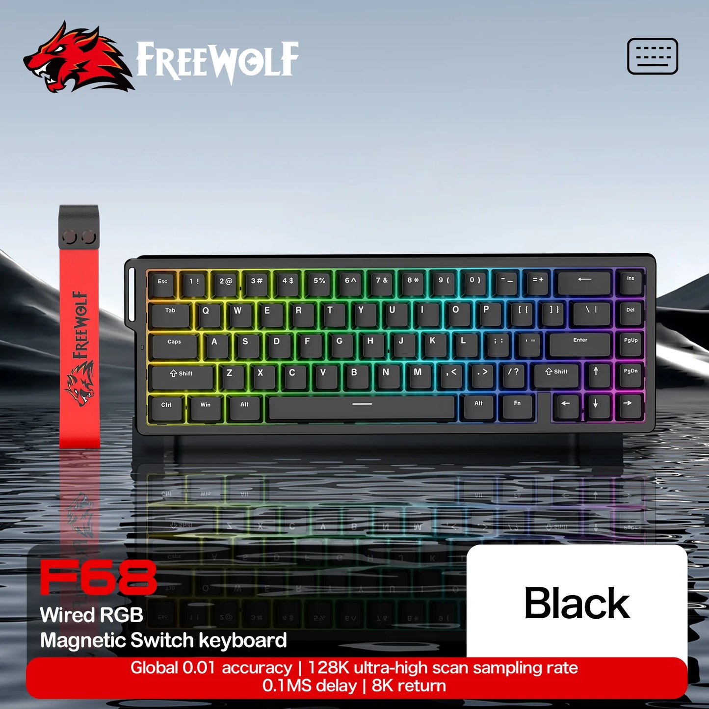 FREEWOLF F68 F68Pro Gaming Keyboard Magnetic Switch 3-Mode Wireless Bluetooth Wired, 8K/1K Polling RGB Hot-Swap RT VALORANT FPS