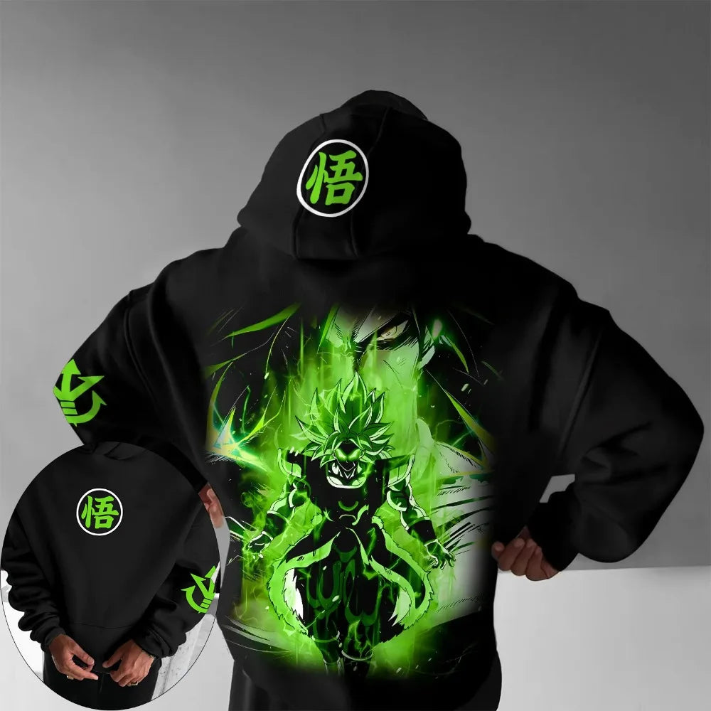 Hoodie de Ginásio Retro Dragon Ball Outono/Inverno 2026 100% algodão com estampado verde Broly, oversize, streetwear fitness para homem e mulher