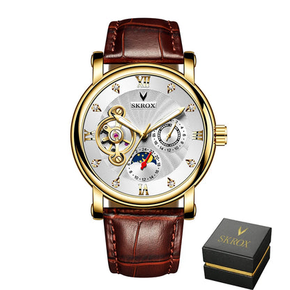 A luxury automatic mechanical watch for men, from a leading brand, featuring a tourbillon, a moon phase display and diamonds – an elegant wristwatch.