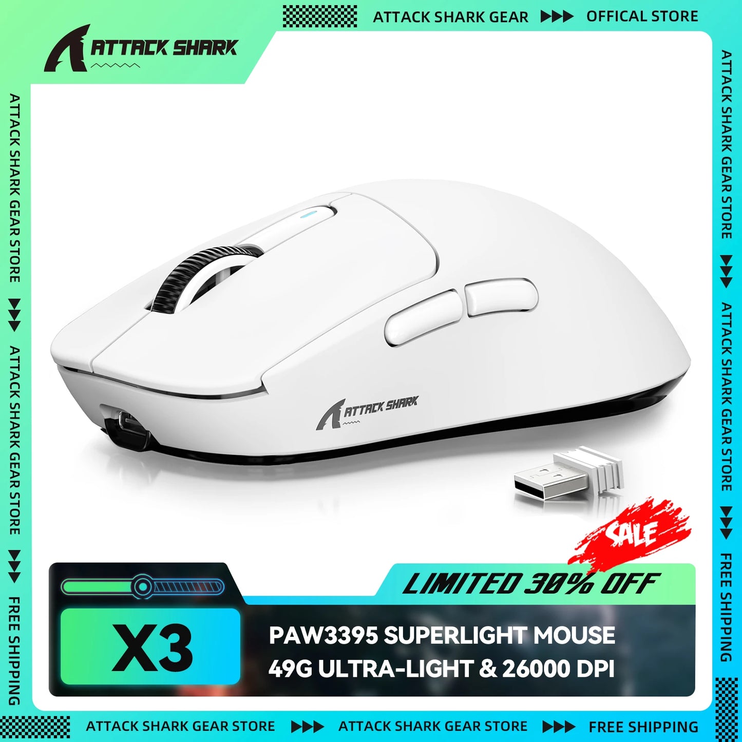 Rato Gaming Sem Fios ATTACK SHARK X3, Sensor PixArt PAW3395, 26K DPI, Ultraligeiro 49g, Tri-modo 2.4G/Bluetooth/Com Fio, para PC/MAC