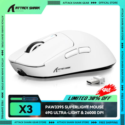 Rato Gaming Sem Fios ATTACK SHARK X3, Sensor PixArt PAW3395, 26K DPI, Ultraligeiro 49g, Tri-modo 2.4G/Bluetooth/Com Fio, para PC/MAC