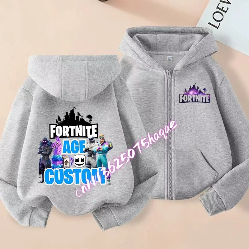 Casaco Outdoor Infantil Cartoon FORTNITED para Rapariga e Rapaz, Sweatshirt com Fecho, Corta-Vento Fino de Alta Qualidade para Outono, Peça Superior de Vestuário