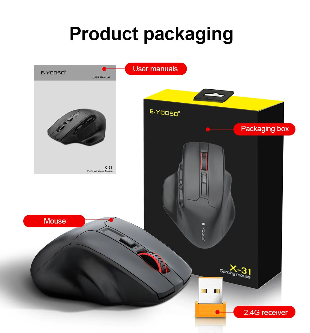 Rato Gaming Sem Fios E-YOOSO X-31 USB 2.4G de Grande Dimensão para Mãos Grandes, PAW3212, 4800 DPI, 5 Botões, para Gamer, Computador Portátil e PC
