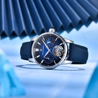 PAGANI DESIGN – Luxusné mechanické pánske hodinky, 41 mm, zafírové sklo, kožený remienok, vodotesné, v štýle pilotných hodín, s tourbillonom a fázou mesiaca