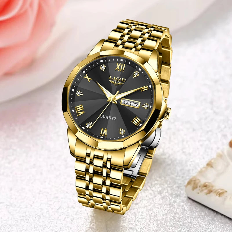 Montre-bracelet à quartz pour femme LIGE – Élégante et luxueuse, affichant la date et le jour de la semaine – Montre simple et étanche, idéale comme cadeau pour femme