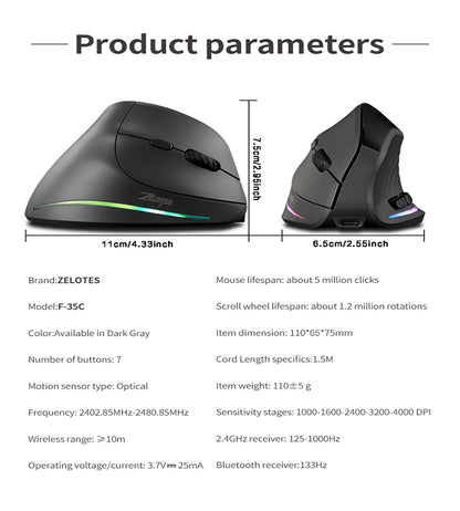 Wiederaufladbare kabellose vertikale Maus mit Display – ergonomische Maus mit 6 programmierbaren Tasten für Gaming und Desktop
