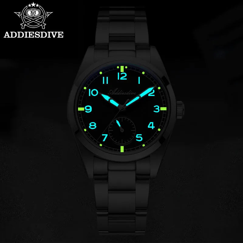 ADDIESDIVE 36mm Herren-Quarzuhr VH60 mit BGW9-Leuchtbeschichtung, Bubble-Mirror-Topfdeckelglas, 10Bar wasserdicht, Edelstahl-Uhr