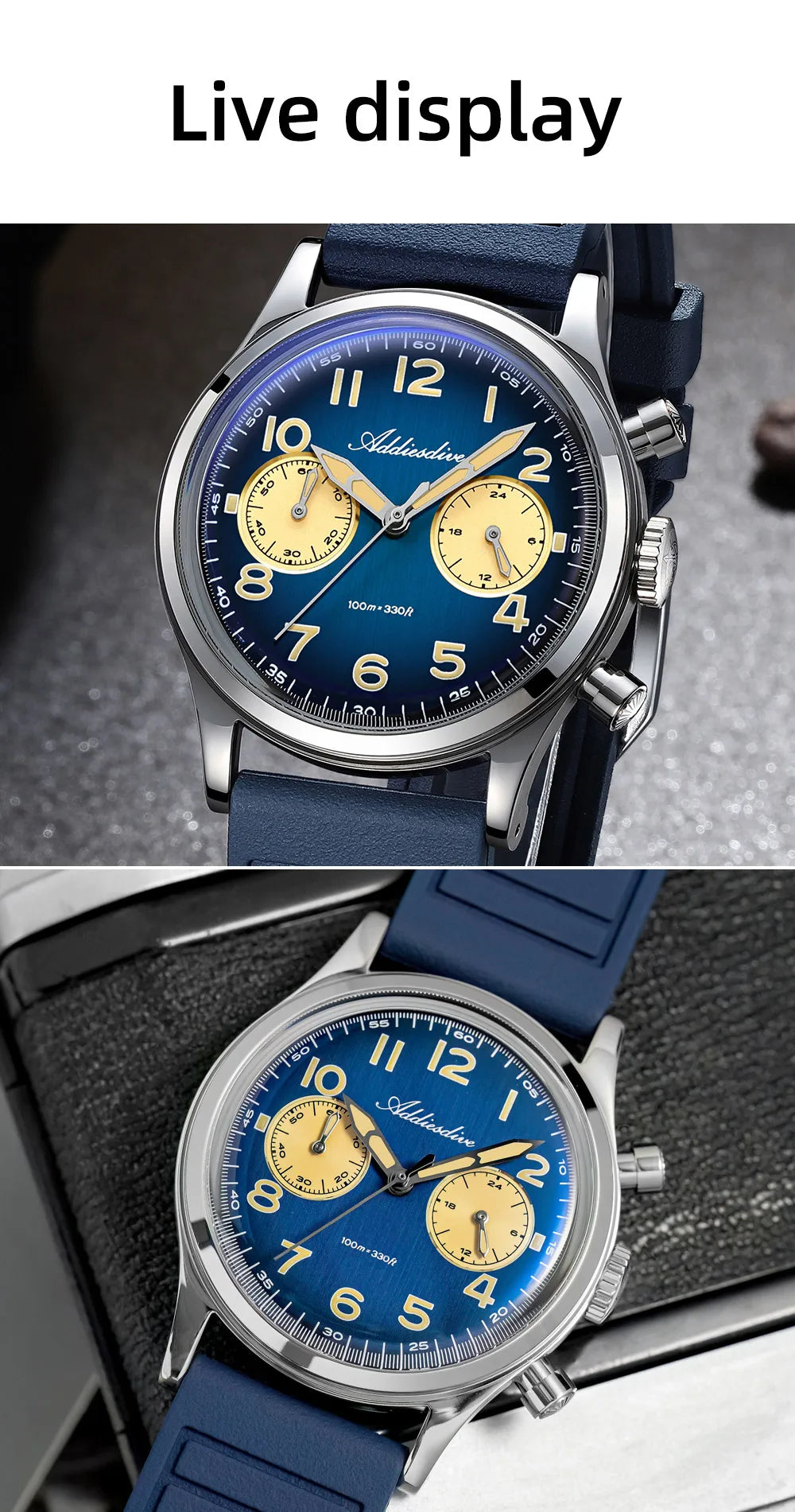ADDIESDIVE Hot Sale Watch for Men VK64 Chronograph 10Bar Waterproof AD2516 Super Luminous Bubble Mirror Glass Quartz Steel Watch