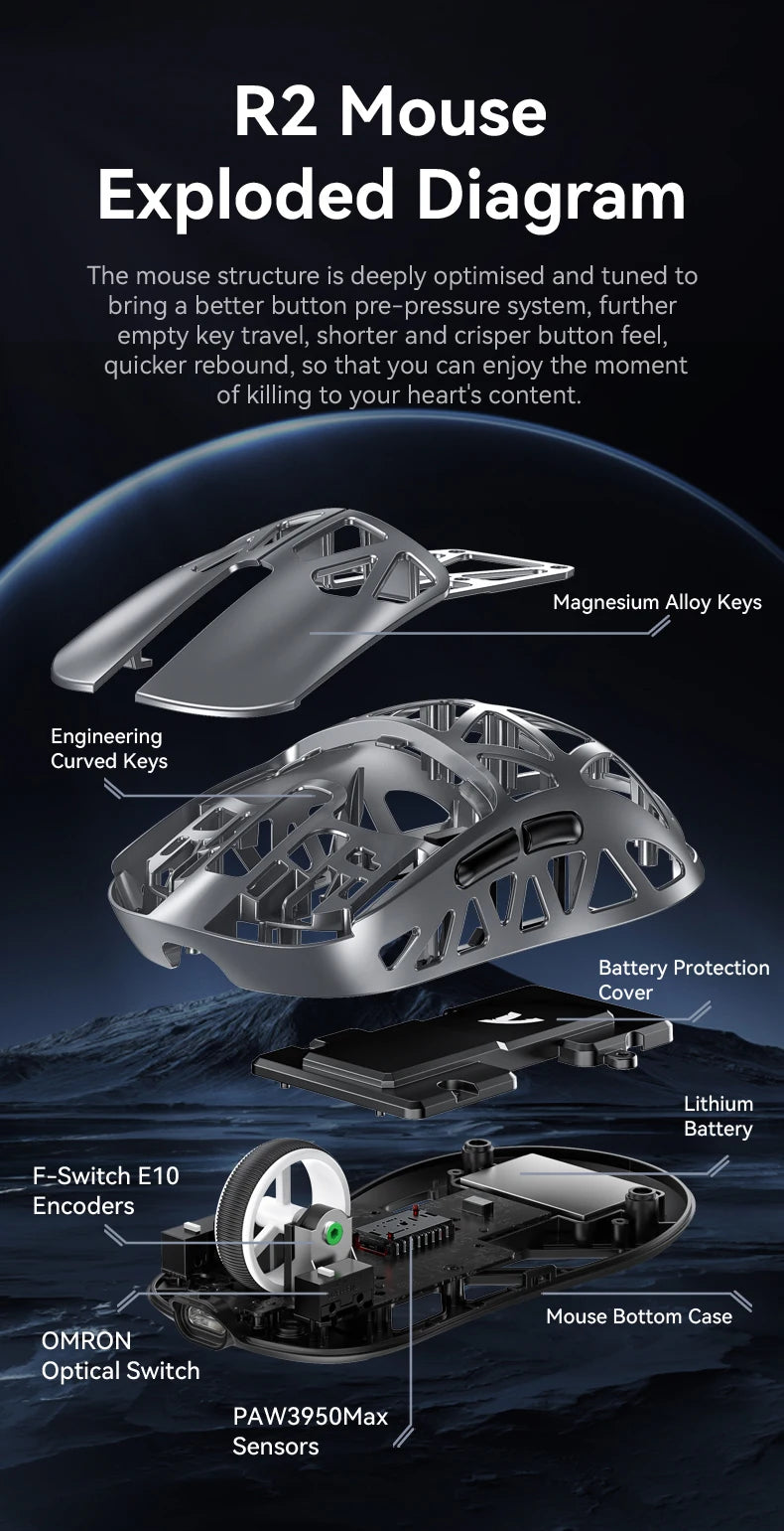 Mouse da gaming wireless Attack Shark R2 PAW3950 8K in lega di magnesio, leggero, Bluetooth tri-mode per gaming/ufficio