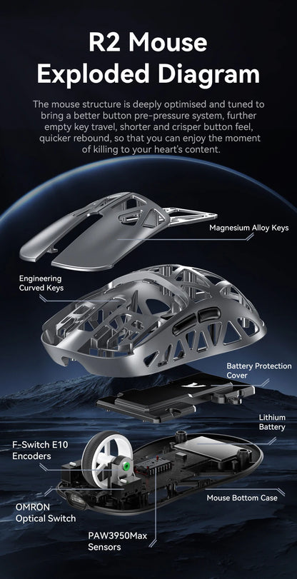 Mouse da gaming wireless Attack Shark R2 PAW3950 8K in lega di magnesio, leggero, Bluetooth tri-mode per gaming/ufficio
