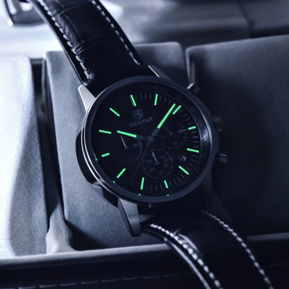 Luxusní pánské hodinky Benyar – chronograf s datem, kožený řemínek, vodotěsné, luminiscenční, sportovní a vojenský styl, quartzové hodinky