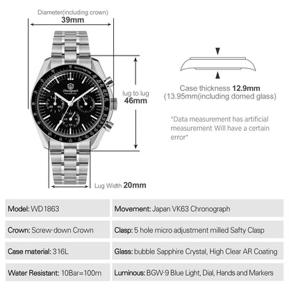 Watchdives WD1863 39mm VK63 Chronograph Watch, OTF Clasp, Sweep Quartz Movement, Sapphire, Luminous, 100m Waterproof