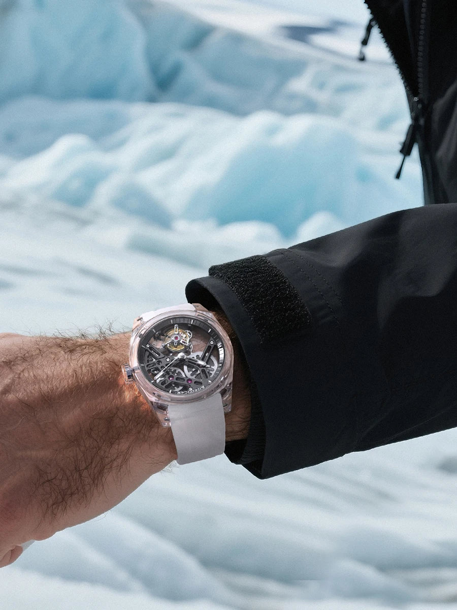 Orologio AGELOCER Limited Edition “Ice Never Melts” con tourbillon in cristallo a spirale libera, orologio meccanico manuale di lusso