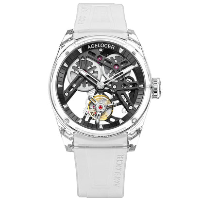 Orologio AGELOCER Limited Edition “Ice Never Melts” con tourbillon in cristallo a spirale libera, orologio meccanico manuale di lusso