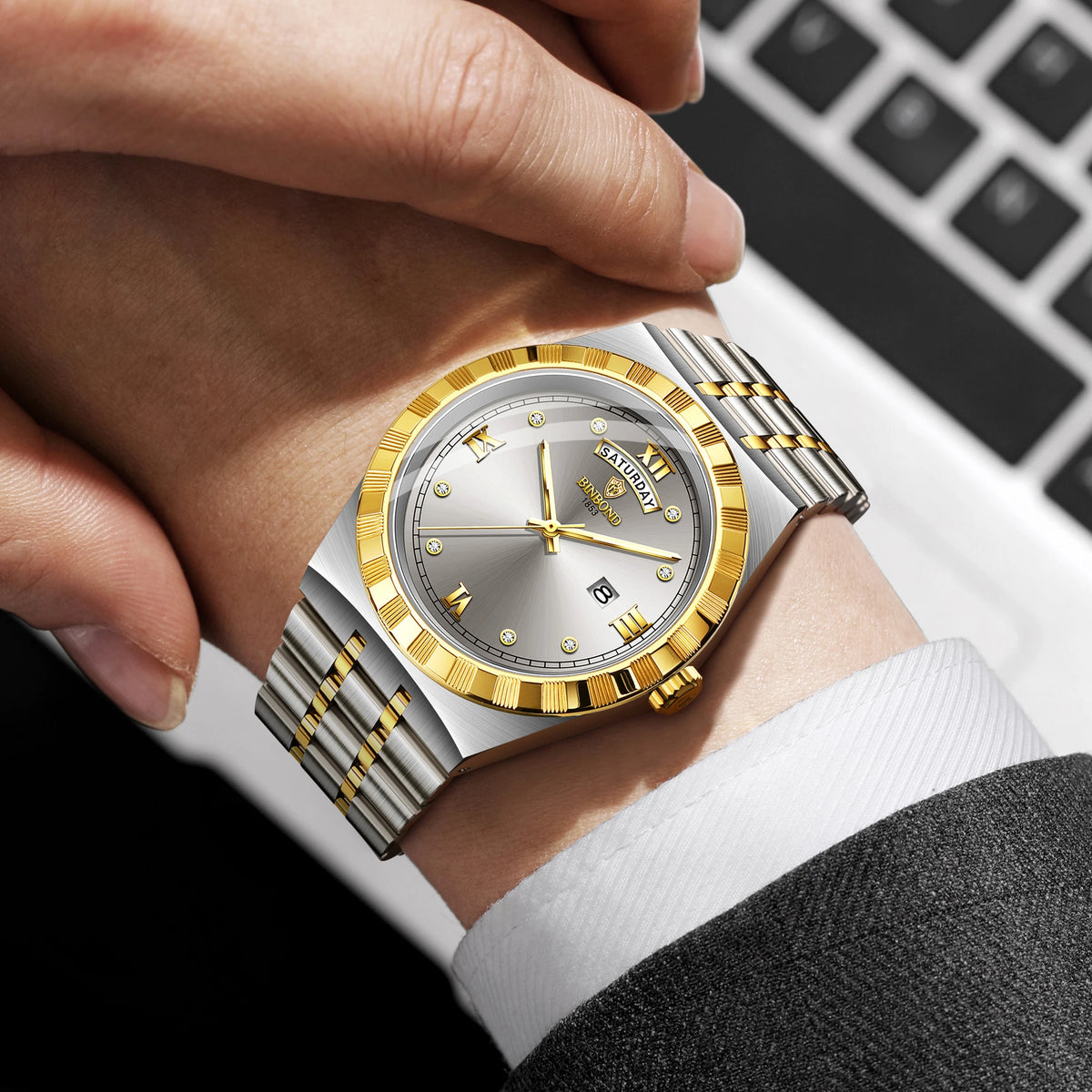 Montre pour homme de la marque originale BINBOND – Montre-bracelet à quartz, modèle de luxe, étanche et luminescent.