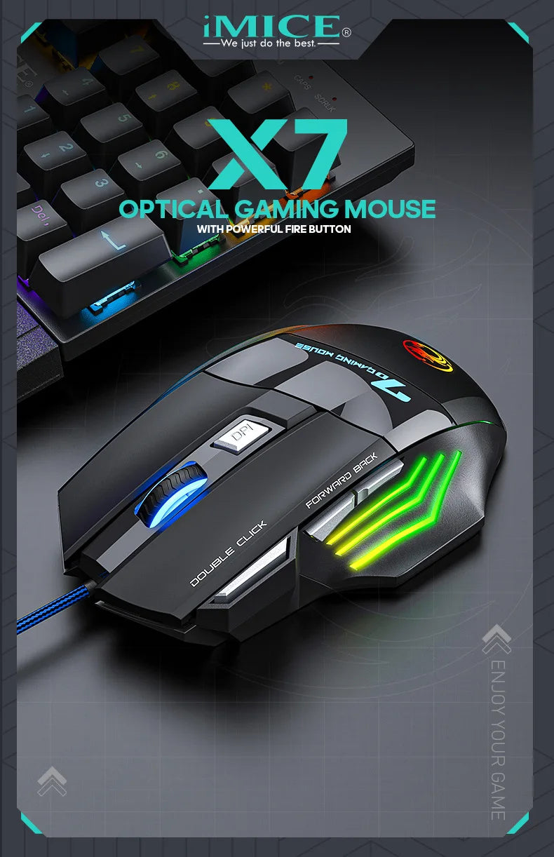 IMICE X7 Optische Gaming-Maus – einstellbare DPI, ergonomisches Anti-Rutsch-Design, farbenfrohe Beleuchtung, geeignet für Desktop-Computer und Laptop