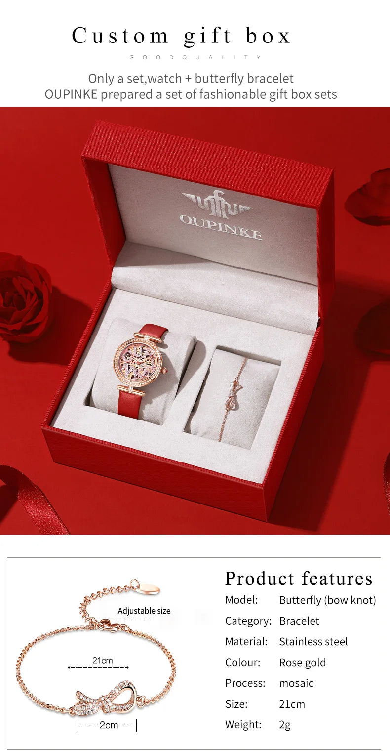 OUPINKE 3175 Women Watches Luxury Elegant Skeleton Automatic Mechanical Watches For Woman 50M Waterproof Bracelet Necklace Set