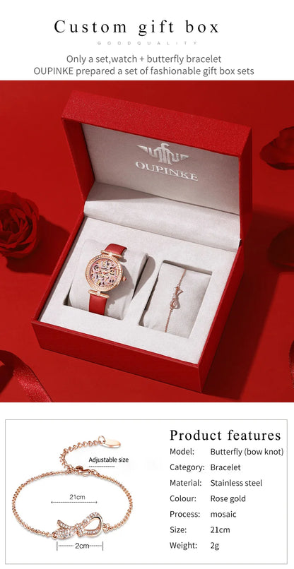 OUPINKE 3175 Women Watches Luxury Elegant Skeleton Automatic Mechanical Watches For Woman 50M Waterproof Bracelet Necklace Set
