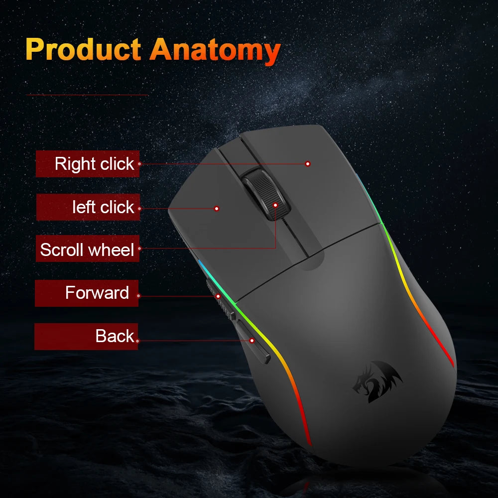 Ratón gaming REDRAGON DEICIDE M816 PRO RGB USB con soporte Bluetooth 2.4G inalámbrico, 26000 DPI, 6 botones para gamers, ratón con cable para ordenador