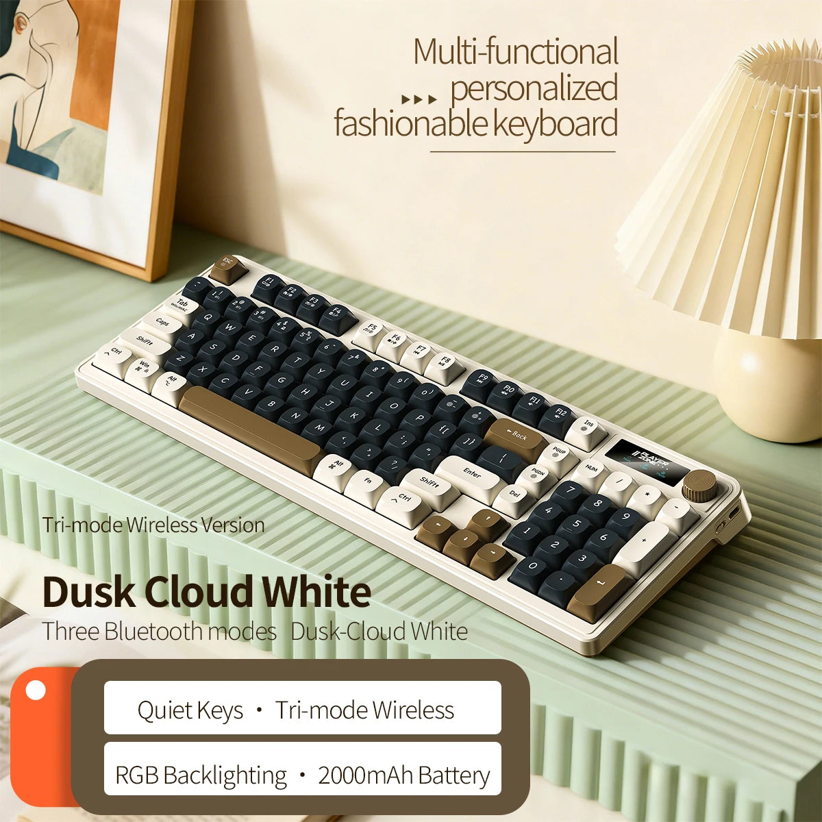 98 key Wireless Keyboard Knob Control BT/2.4g/Wired, RGB LED Backlight Display, 2000mA Battery for PC/Laptop