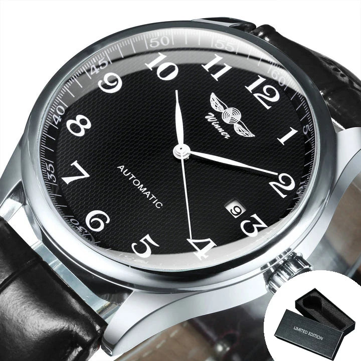 Vyriškas laikrodis „WINNER“ – klasikinis, retro ir elegantiškas stilius – mechaninis automatinis laikrodis su kalendoriumi – prabangus prekės ženklas, plieninis korpusas ir odinis dirželis