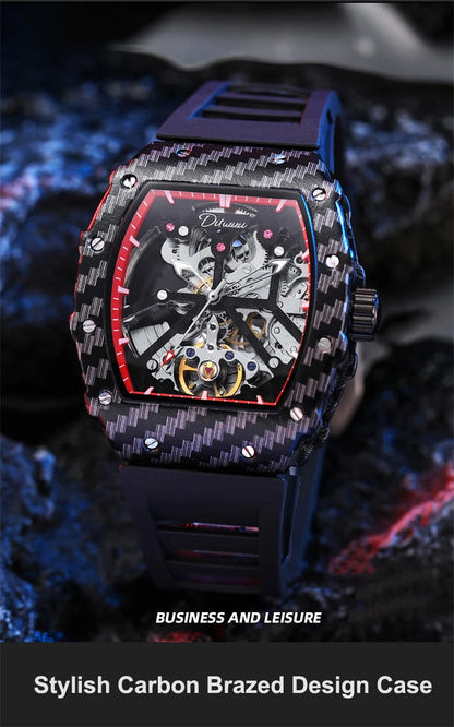 Tourbillion Mechanical Watch for Men Silicone Strap Skeleton Tonneau Automatic Mens Watches Top Brand Luxury Reloj Hombre