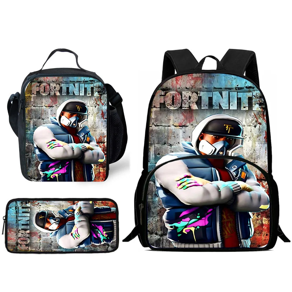Børnerygsæk med populært spildesign, madtaske og penalhus, skoletaske med stor kapacitet til drenge og piger, perfekt gave F-FortniteS