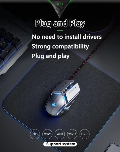 Inphic W2 2. Generation USB-kabelgebundene Gaming-Maus mit Silent Click, Metall-Style, 6-Tasten-Makroprogrammierung, 8800DPI