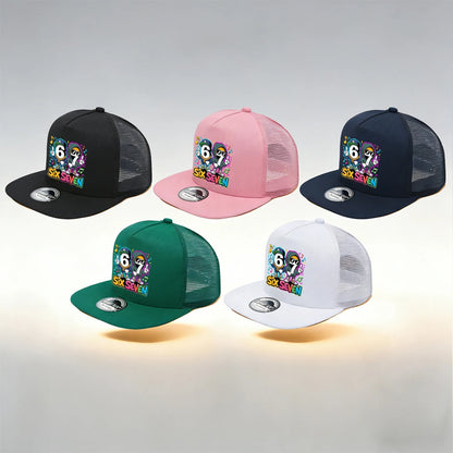 1/2PC Y2KSixSeven flat top truck driver hat, hip-hop cartoon print, breathable mesh, streetwear aesthetic hat