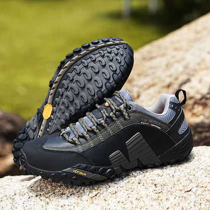 Sapatos de montanhismo para homem em couro genuíno, calçado desportivo outdoor antiderrapante, sapatos de montanhismo e caminhada respiráveis para turismo