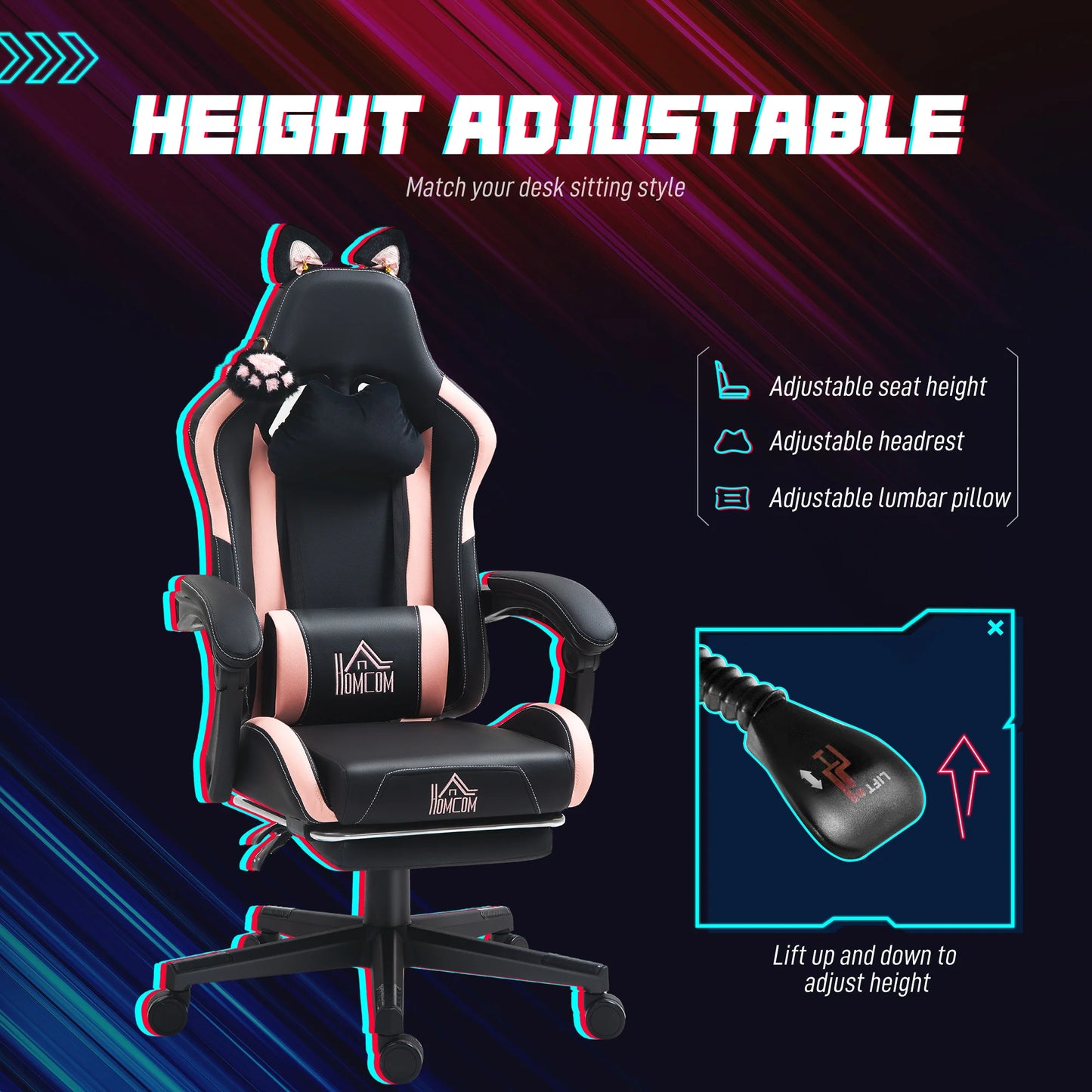 Homcom Gaming Chair with Adjustable Height Arms and Retractable Footrest