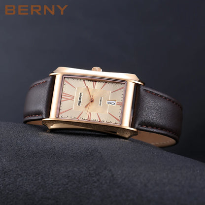 BERNY Watch for Men Rectangle Japan Quartz Wristwatch Waterproof Business Rectangular Dress Male Clock Top Genuine Leather Strap