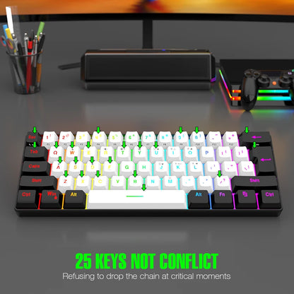 Wasserdichte mechanische 61-Tasten-Tastatur mit Kabel in Weiß, mit schwarzen und blauen Switches, RGB-beleuchtet – Gaming- und Office-Set, PUBG Gamer Backlit