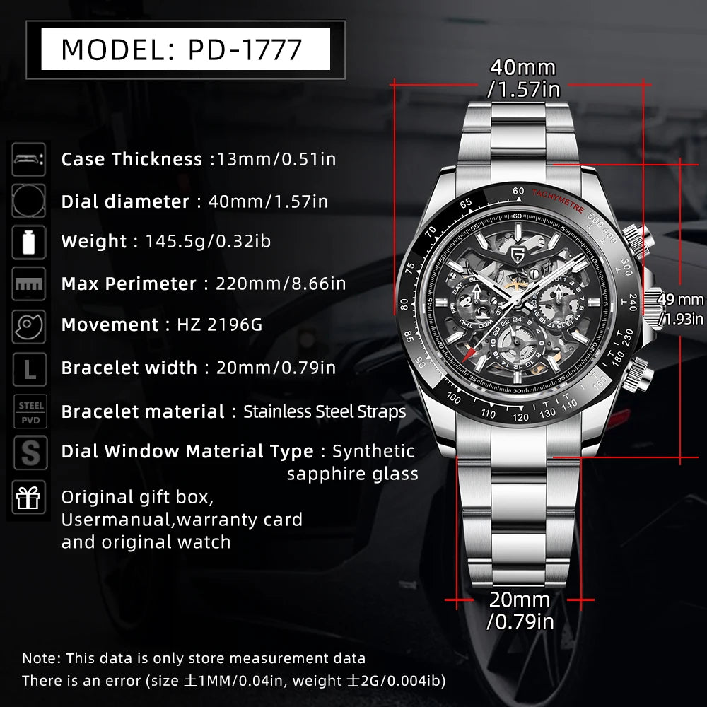 Relógio Mecânico Automático PAGANI DESIGN para Homem em Aço Inoxidável, Impermeável, Desportivo 10Bar, Luxo Casual para Homem