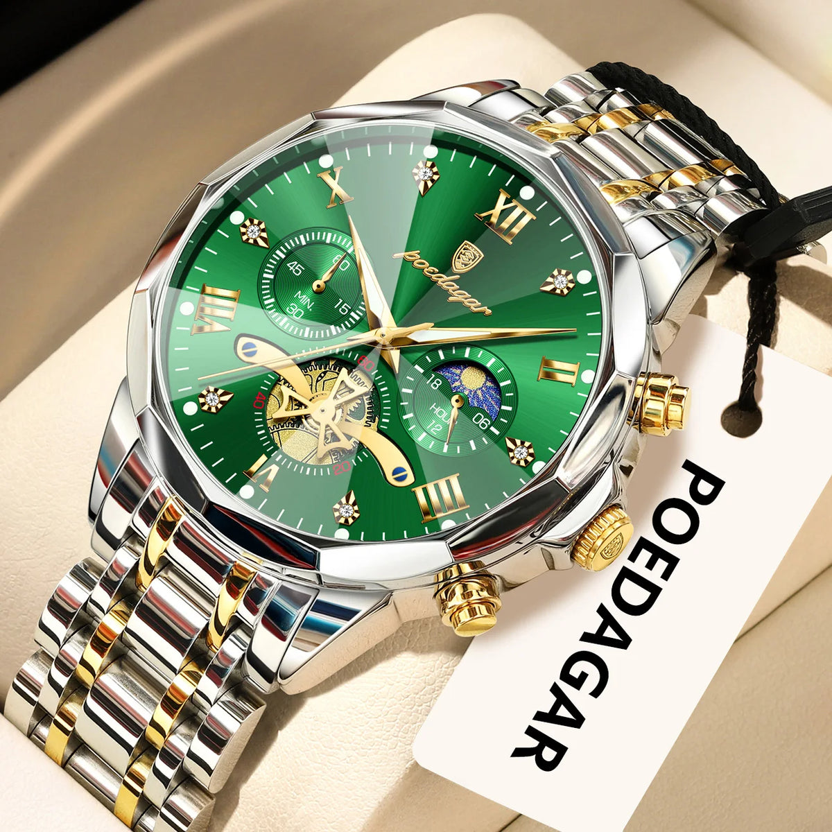 Original luxury POEDAGAR men’s watch, water-resistant, luminous chronograph, stainless steel quartz wristwatch, high-end men’s watches