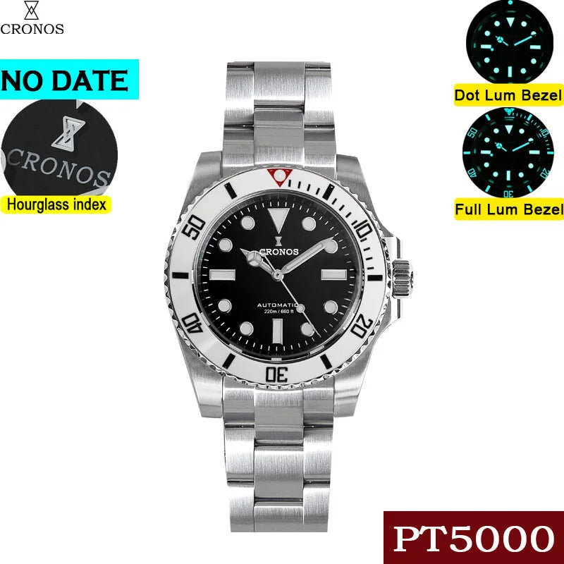 Cronos Sub Diver Men Watch No Date PT5000 Brushed Bracelet Ceramic Bezel 200 meters Water Resistant