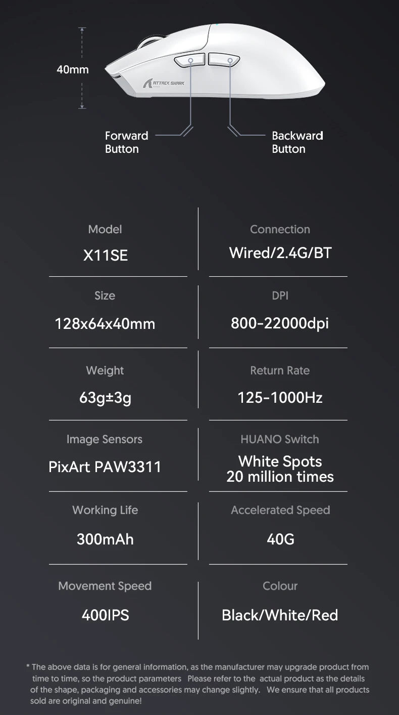 ATTACK SHARK X11SE kabellose Gaming-Maus, Tri-Mode, 63g Superlight mit PAW3311-Sensor, 22000 DPI, 300mAh Akku, Dual Driver