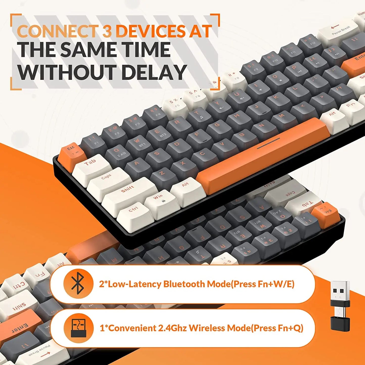 Teclado Mecânico Sem Fios RK68 60%, Bluetooth 5.0/2.4GHz com Recetor 2 em 1 de Modo Duplo, Teclado Gaming Hot-Swappable de 68 Teclas