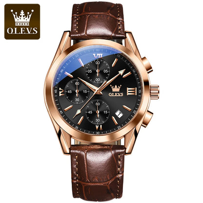 Vyriškas chronografinis rankinis laikrodis „OLEVS 2872“ – odinis dirželis, atsparus vandeniui, šviečiantys rodyklės, kvarcinis mechanizmas, prabangus sportinis stilius