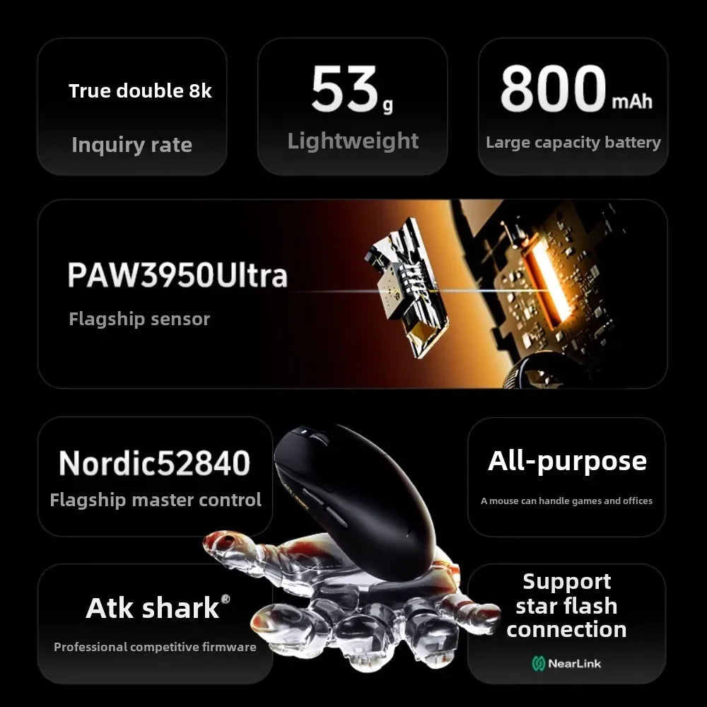 ATK Dragonfly A9 Wireless Bluetooth Mouse Gaming Ergonomic Design Fast Response PAW3950 Ultra 800mAh Lightweight 8KHz Esports