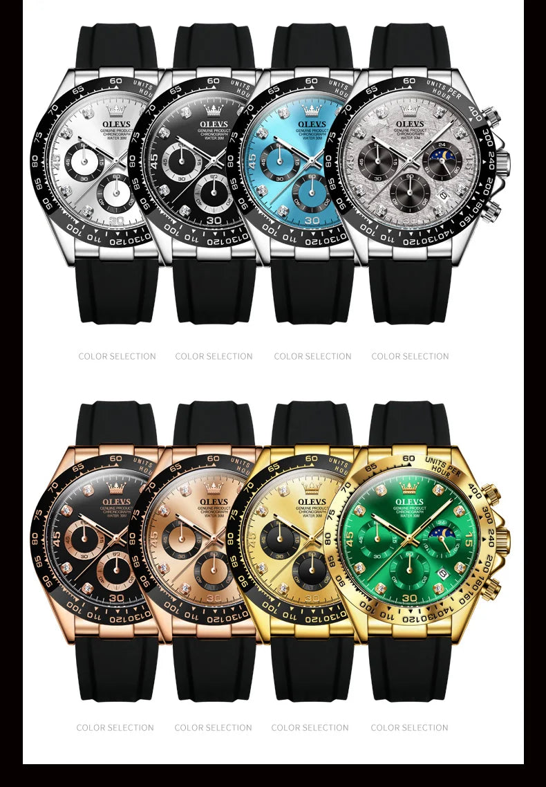 OLEVS 2875 Quartz Watch for Men Original Luxury Brand Silicone Strap Chronograph Auto Date Waterproof Moon Phase Sport Man Watch