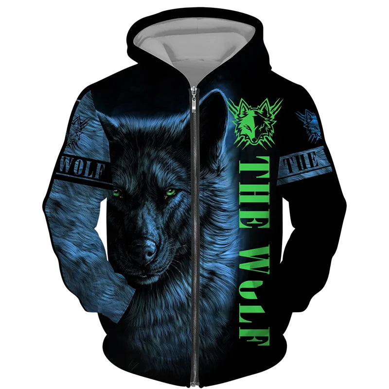 Sweat à capuz com fecho e estampado 3D de lobo, estilo streetwear, para homem/mulher, casaco com capuz unissexo casual hip-hop