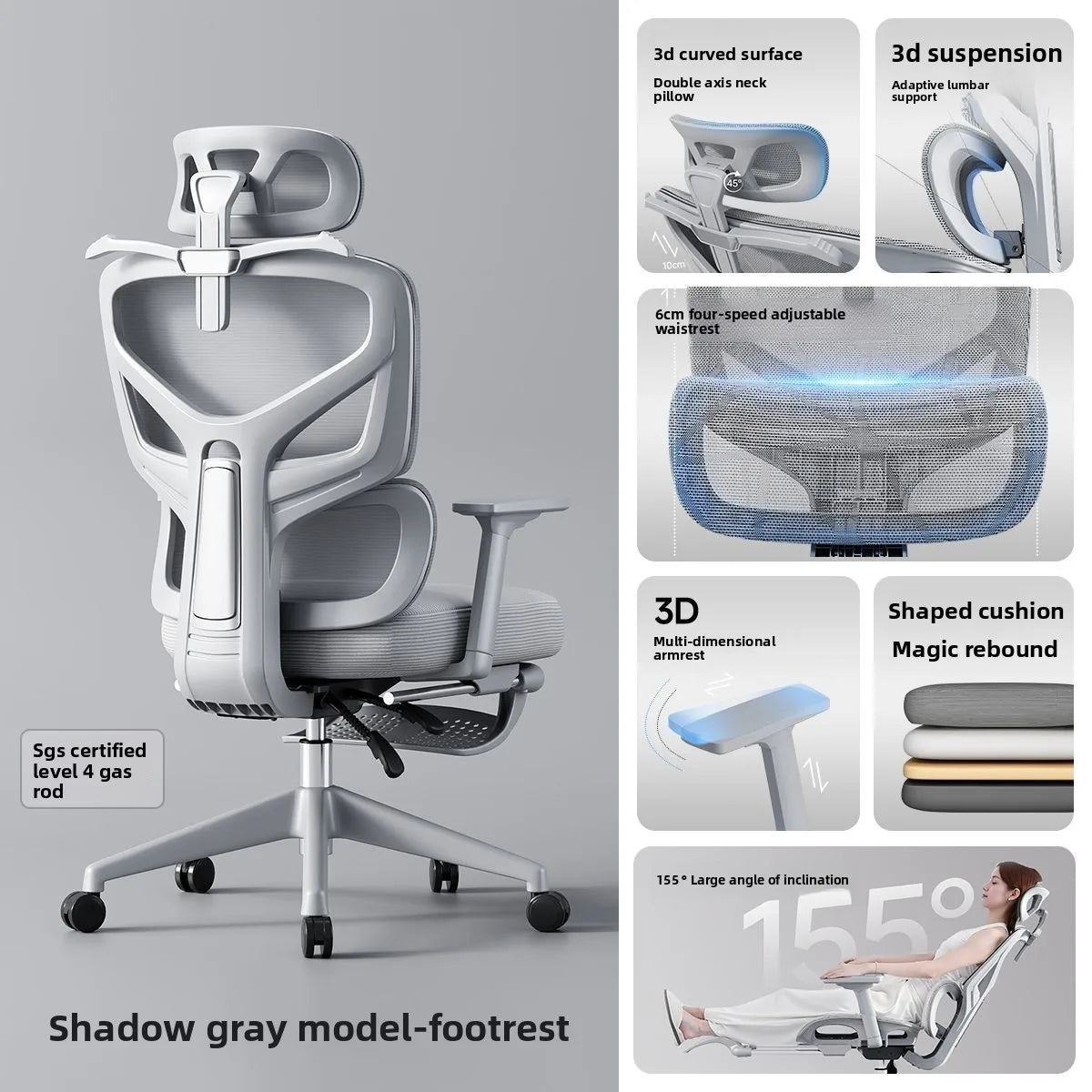 Cadeira de Escritório Ergonómica Ajustável em Malha, Cadeira de Secretária para Computador com Encosto Alto Respirável, Apoio Lombar 6D e Apoio para Pés Retrátil